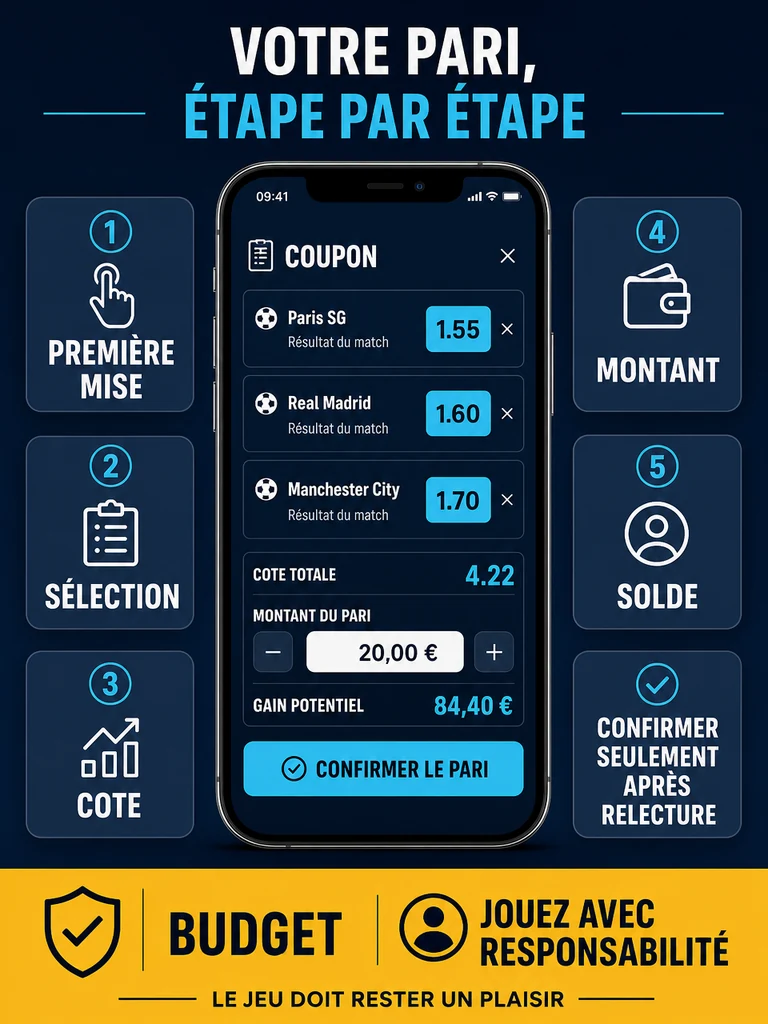 Infographie: relire la sélection, la cote et le montant avant une première mise.